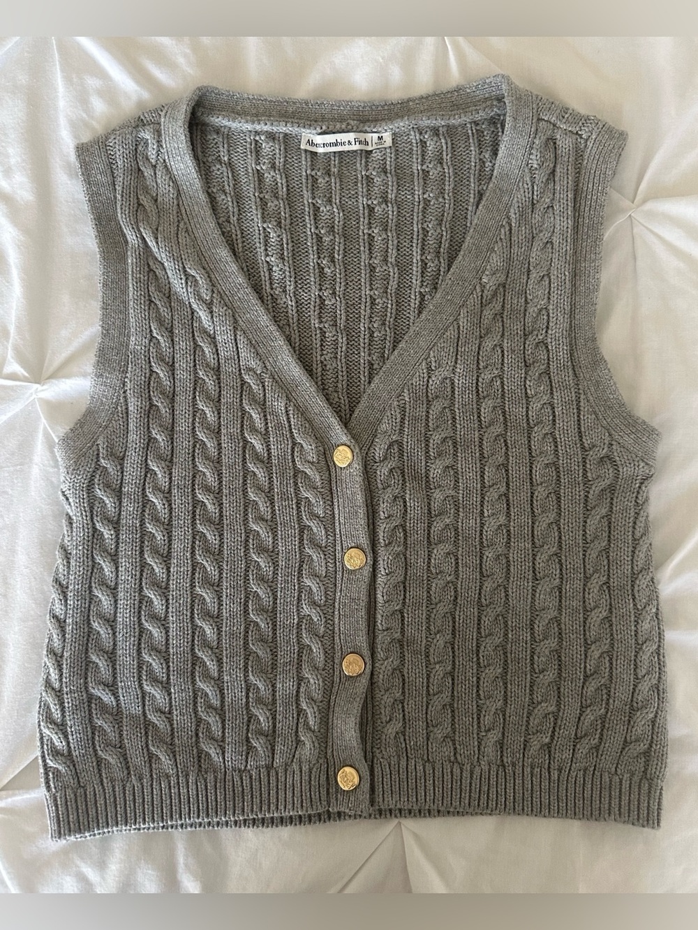 Abercrombie & Fitch Gray Cable-Knit V-Neck Sweater Vest with Gold Buttons